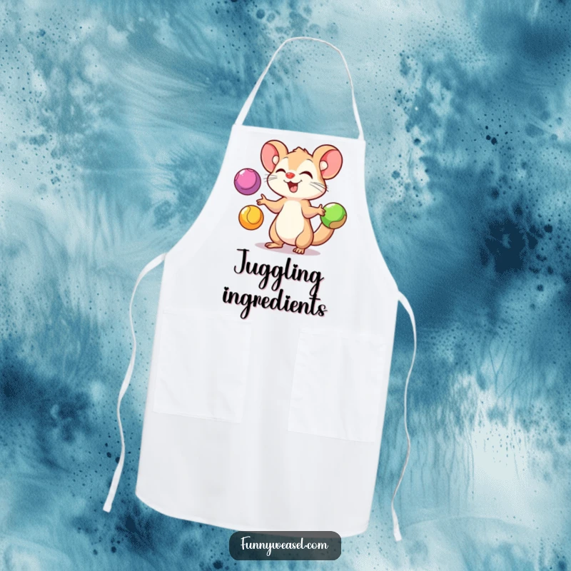 Funny Weasel Apron showing a playful weasel juggling three brightly colored balls with gusto, ideal for kitchen performances with humor.