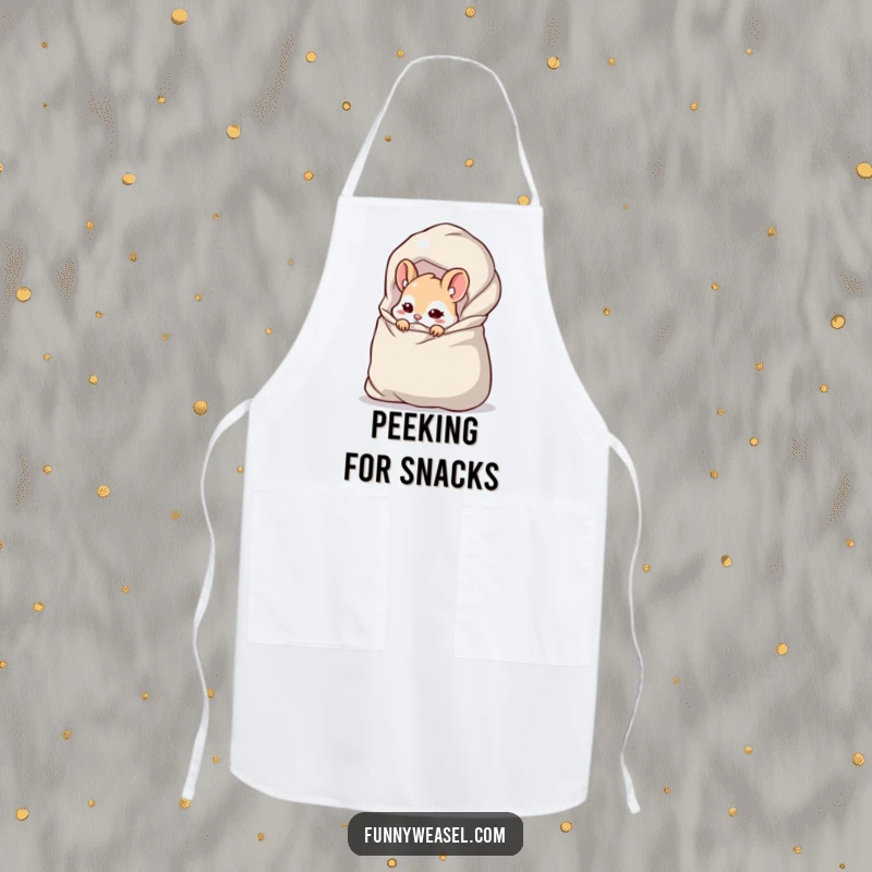 Funny Weasel Apron featuring a cheeky weasel peeking from an overflowing bag, ideal for kitchen duties with humorous flair.