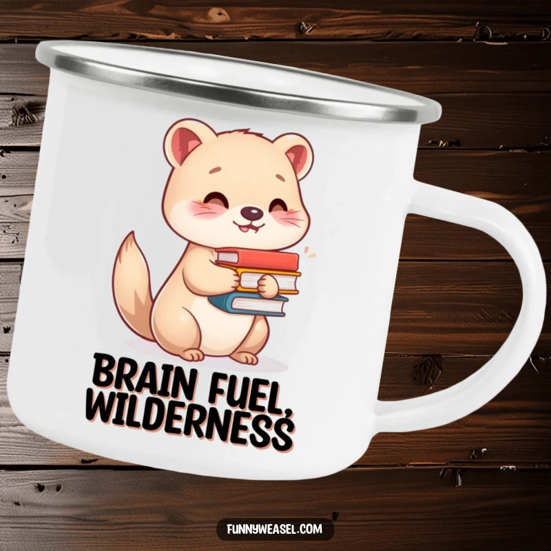 Funny camping mug with a smiling weasel balancing books, perfect for outdoor enthusiasts and a humorous funny gift.