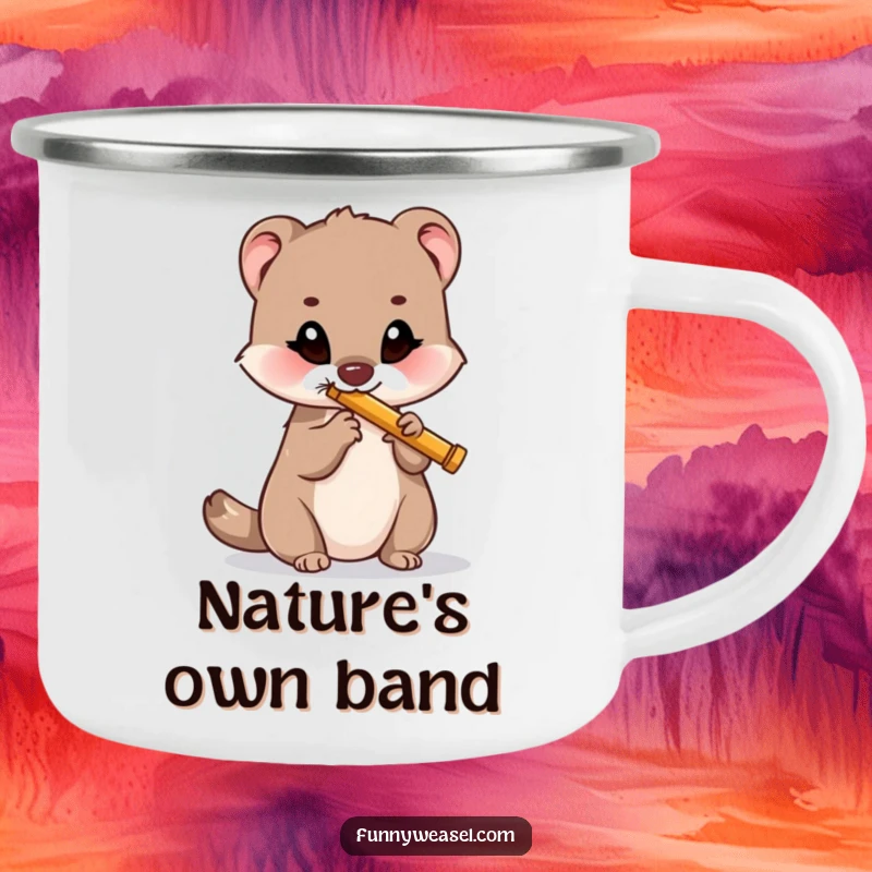 Funny camping mug showing a weasel playing a flute, ideal for outdoor trips and as a humorous funny gift.