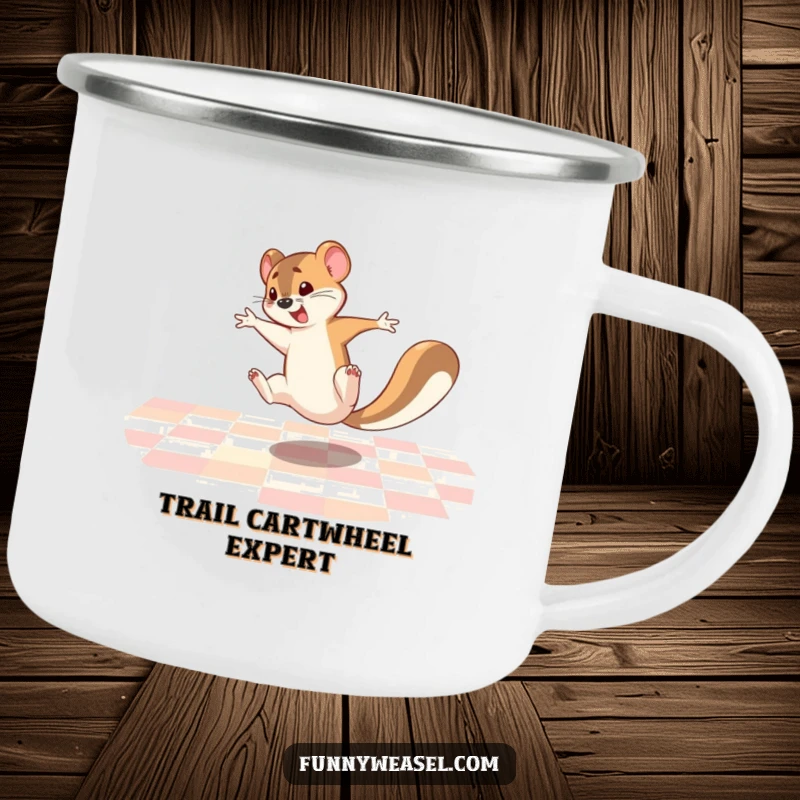 Funny Weasel Camping Mug featuring a weasel cartwheeling energetically, ready for outdoor adventures and comedic moments.