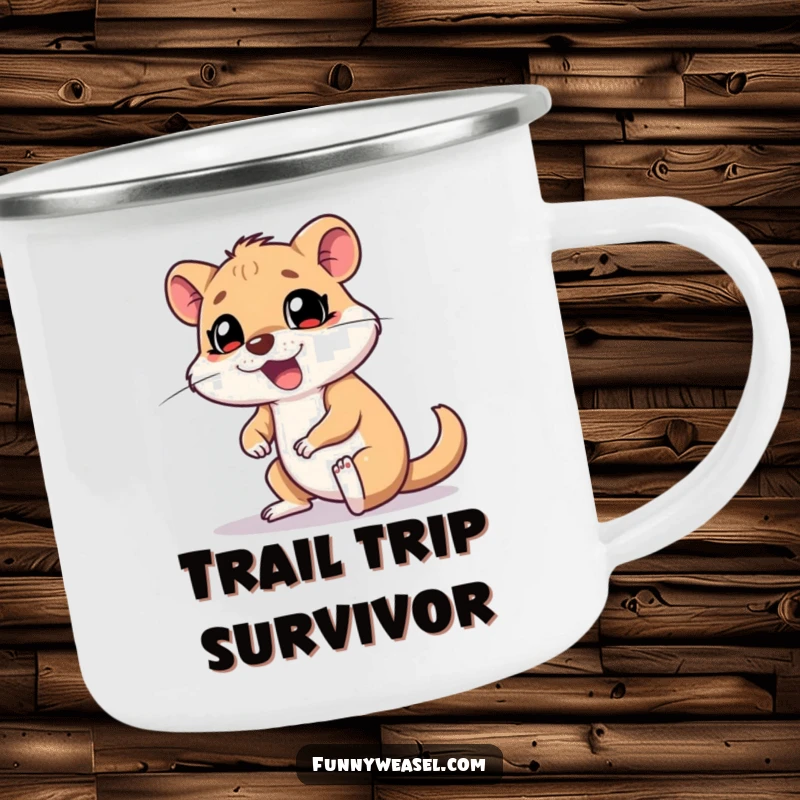 Funny Weasel Camping Mug with a goofy weasel tripping over its feet, ready for outdoor adventures and comedic fumbles.