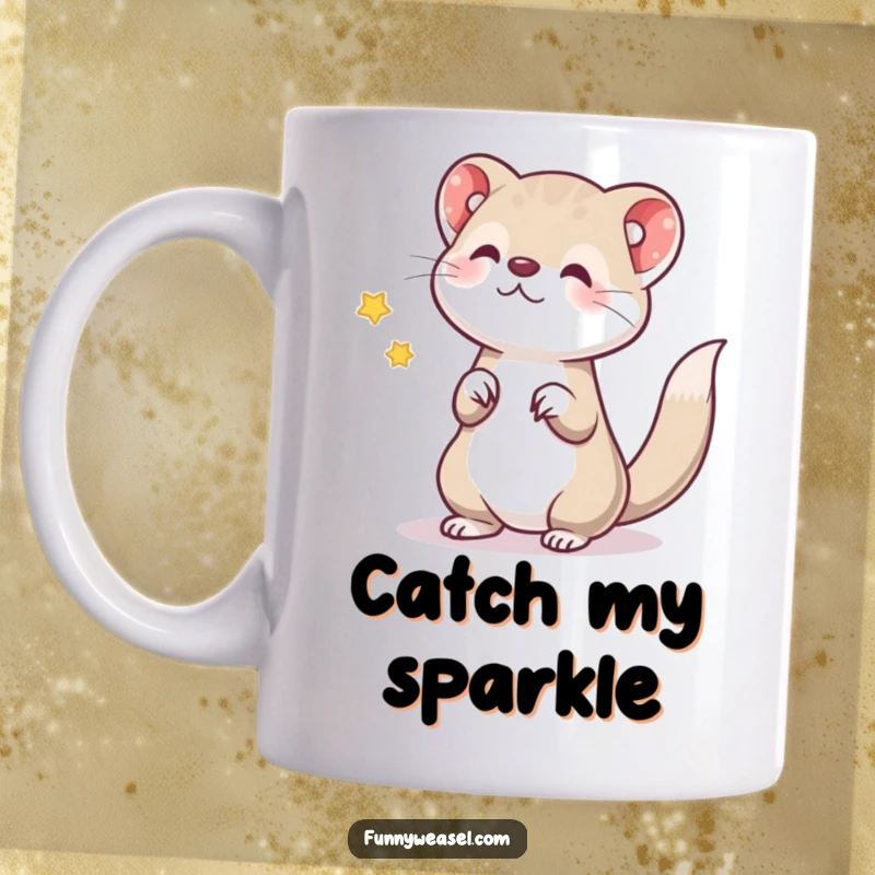 Funny mug showing a joyful weasel playfully tossing a tiny, sparkling star, evoking a sense of wonder and humor.