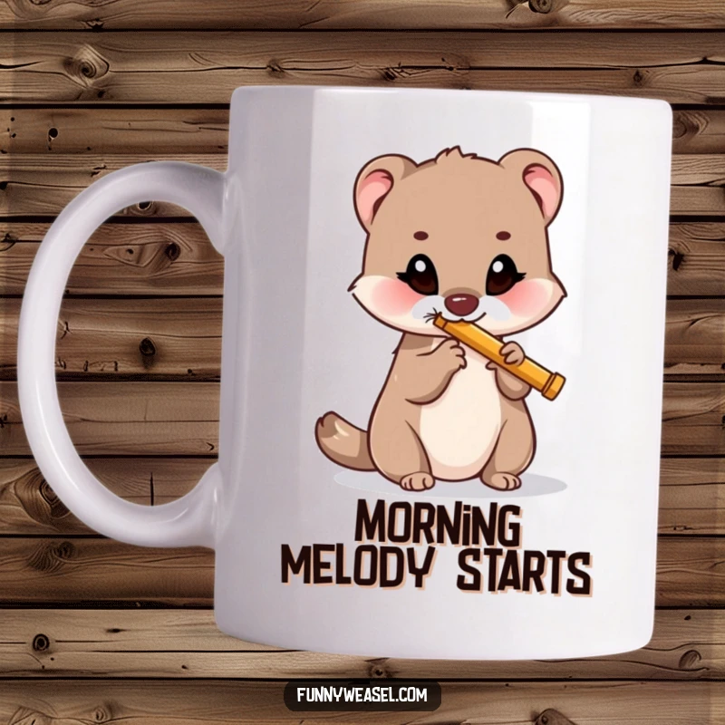 Funny mug illustration of a happy weasel playing a miniature flute, conveying musical joy and humor, a perfect funny gift.
