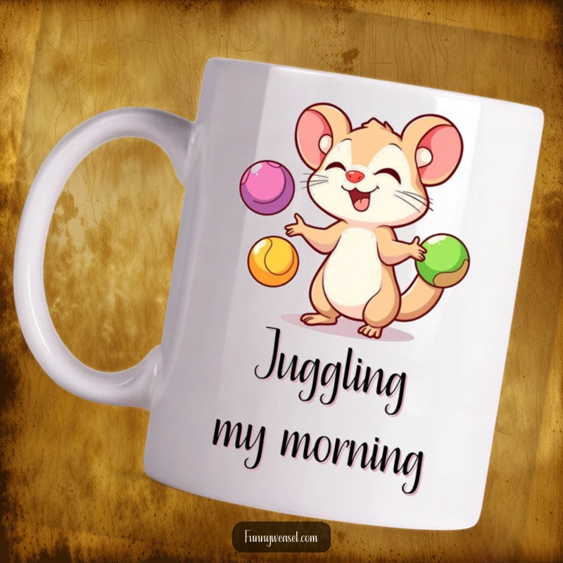 Funny Weasel Mug featuring a playful weasel expertly juggling three colorful balls with impressive gusto and a confident expression.