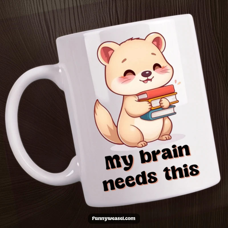Funny mug featuring a contented weasel smiling while balancing a small stack of books, perfect for book lovers.