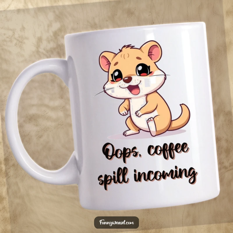 Funny Weasel Mug featuring a goofy weasel mid-trip, legs flailing, with a classic surprised yelp expression, capturing comedic mishap.