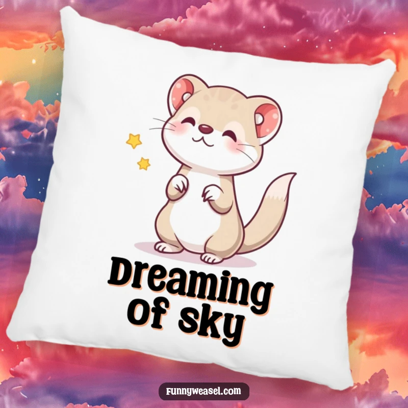 Funny pillow design of a happy weasel tossing a shimmering star, bringing comfort and whimsy as a funny gift.