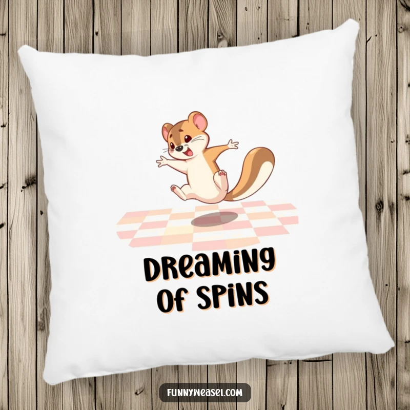 Funny Weasel Pillow illustrating a hyperactive weasel’s comedic cartwheel, offering plush comfort and a dose of laughter.