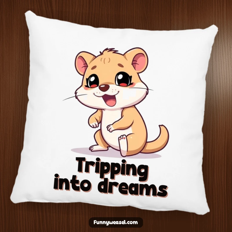 Funny Weasel Pillow illustrating a goofy weasel tripping with a surprised yelp, offering plush comfort and comedic relief.