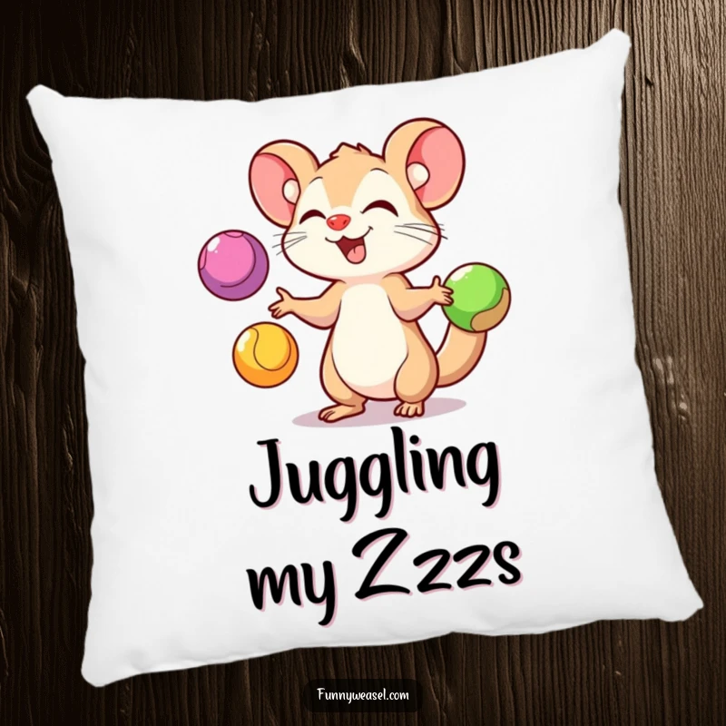 Funny Weasel Pillow illustrating a playful weasel juggling three colorful balls with gusto, offering plush comfort and comedic entertainment.