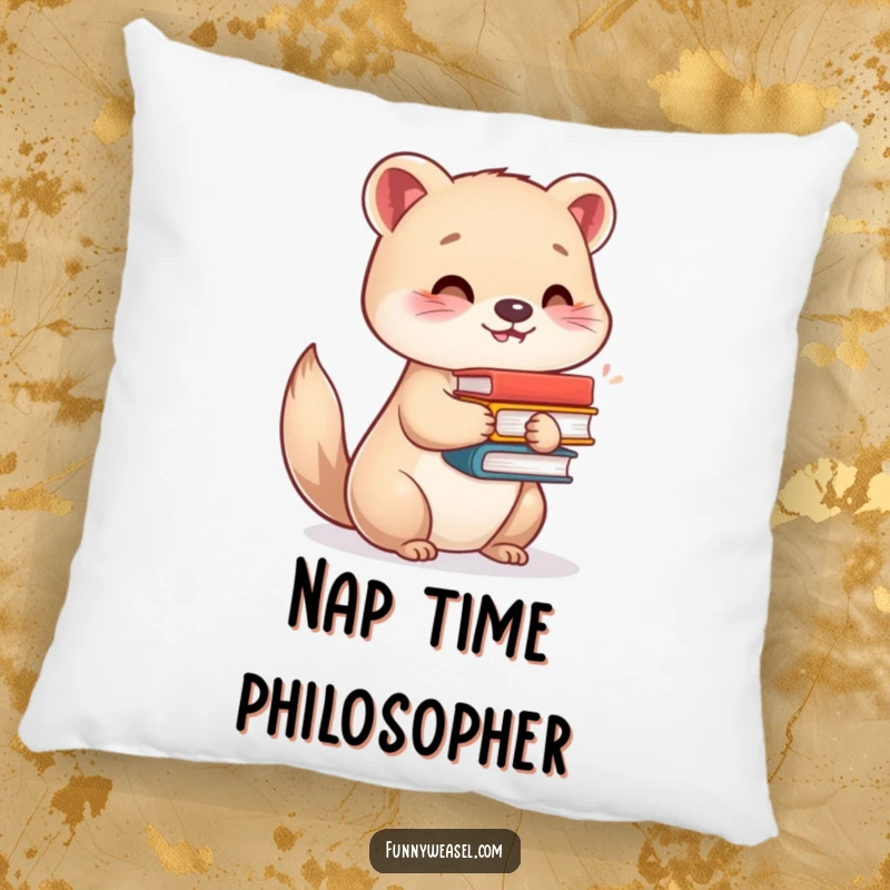 Funny pillow design of a smiling weasel holding a stack of books, offering comfort and humor as a funny gift.