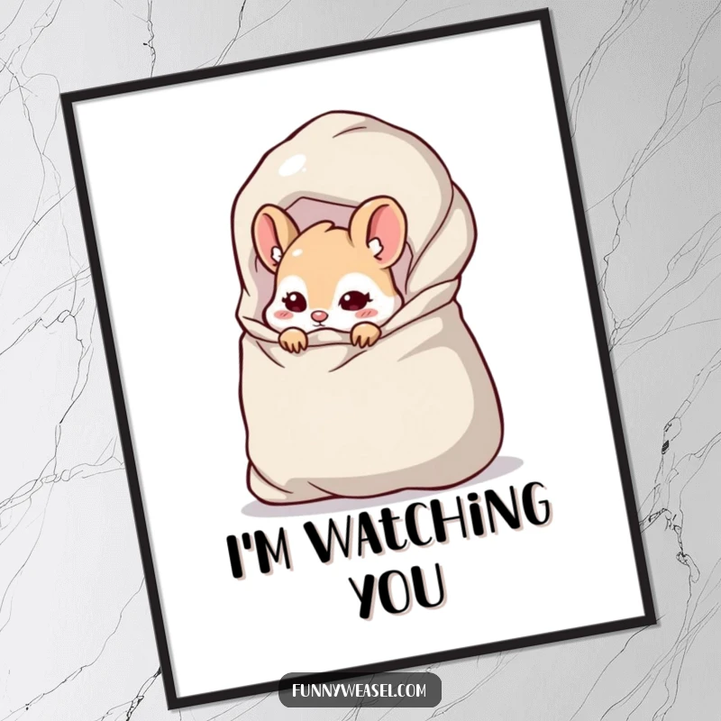 Funny Weasel Digital Art Print of a cheeky weasel peeking from a giant bag, ideal for instant download and humorous decor.