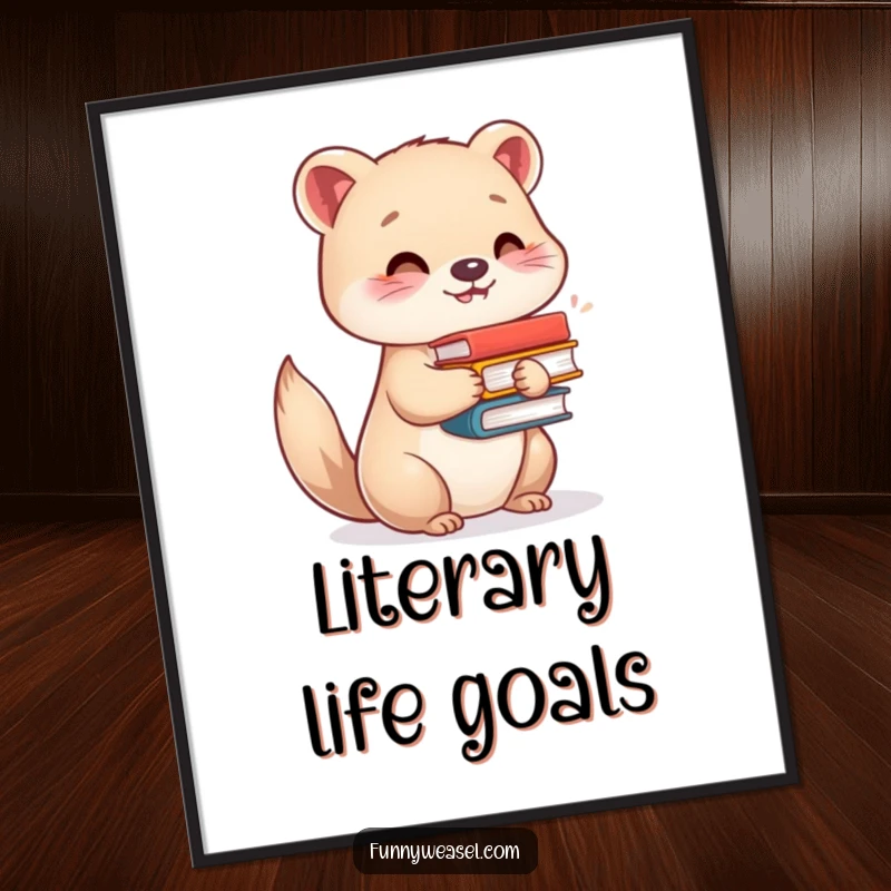 Funny digital art print of a contented weasel balancing a stack of books, perfect for instant humorous decor and as a funny gift.