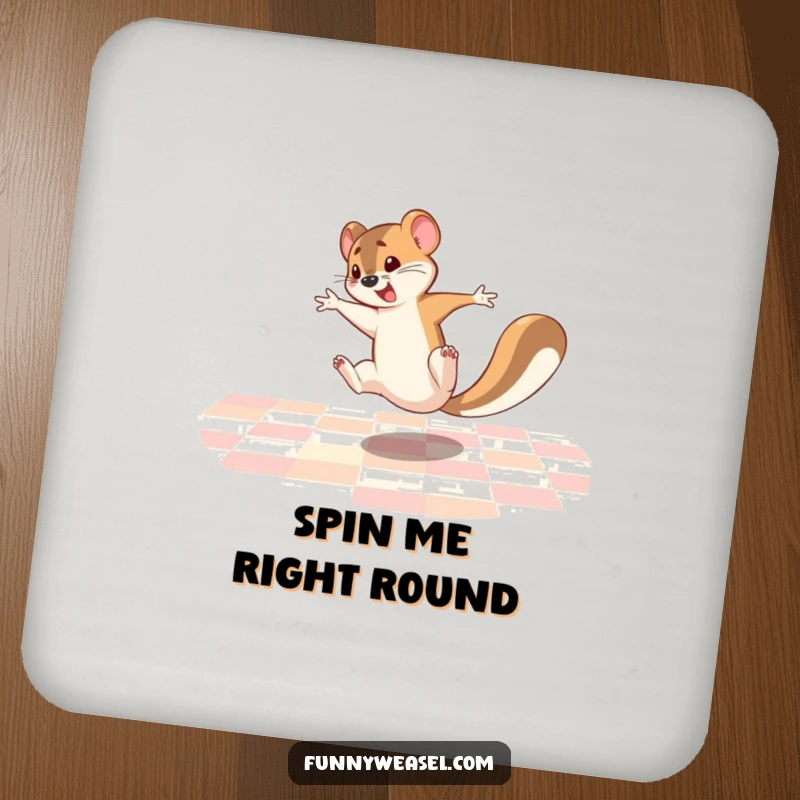 Funny Weasel Coaster depicting a weasel mid-cartwheel, adding a humorous and protective element to any table surface.