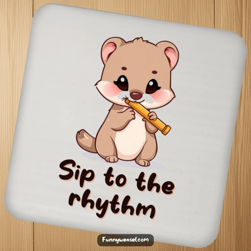 Funny drink coaster set with a weasel playing a flute, adding musical humor and serving as a delightful funny gift.