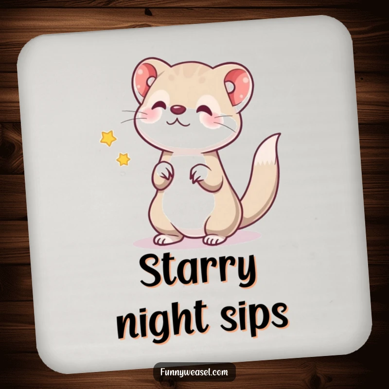 Funny drink coaster set with a weasel tossing a star, adding magical humor and serving as a delightful funny gift.