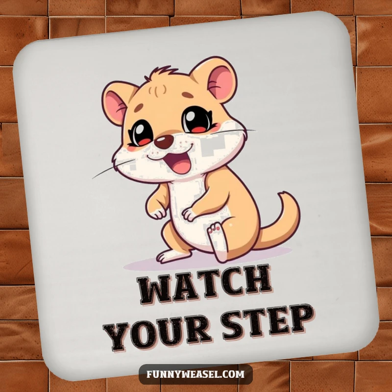 Funny Weasel Coaster depicting a goofy weasel tripping with a surprised yelp, adding humor and surface protection.