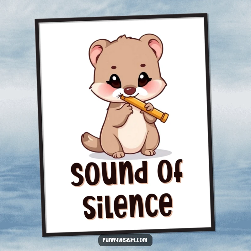 Funny poster art of a happy weasel playing a miniature flute, adding musical charm and humor to decor, a great funny gift.
