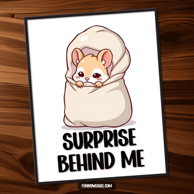 Funny Weasel Poster of a sly weasel peeking from behind a massive, overflowing bag, perfect for adding humorous wall decor.