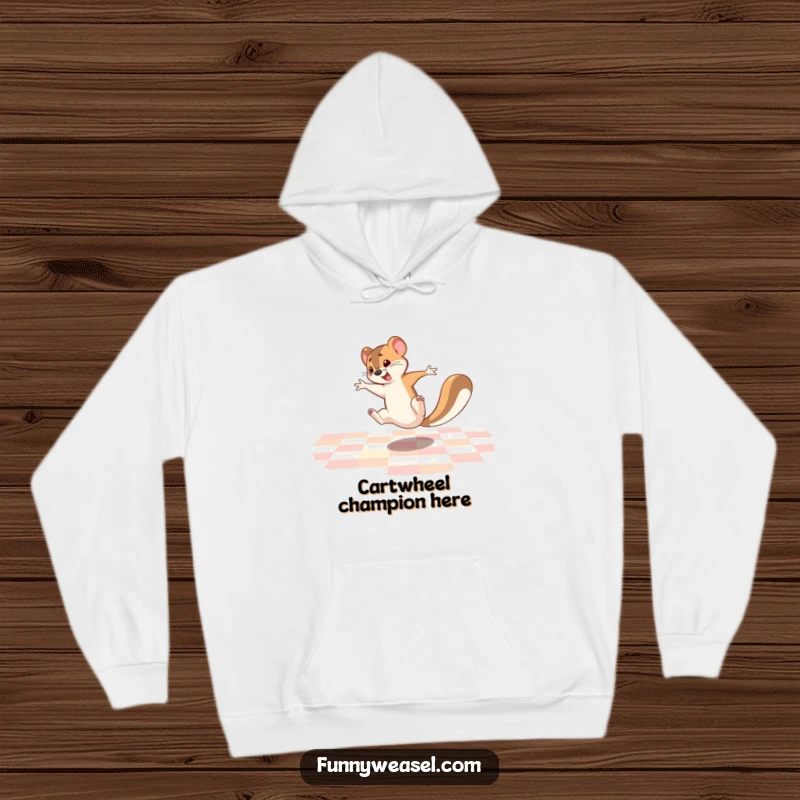 Funny Weasel Hoodie showing a frantic weasel executing a cartwheel with comedic flair on a checkered background, perfect for cozy laughs.