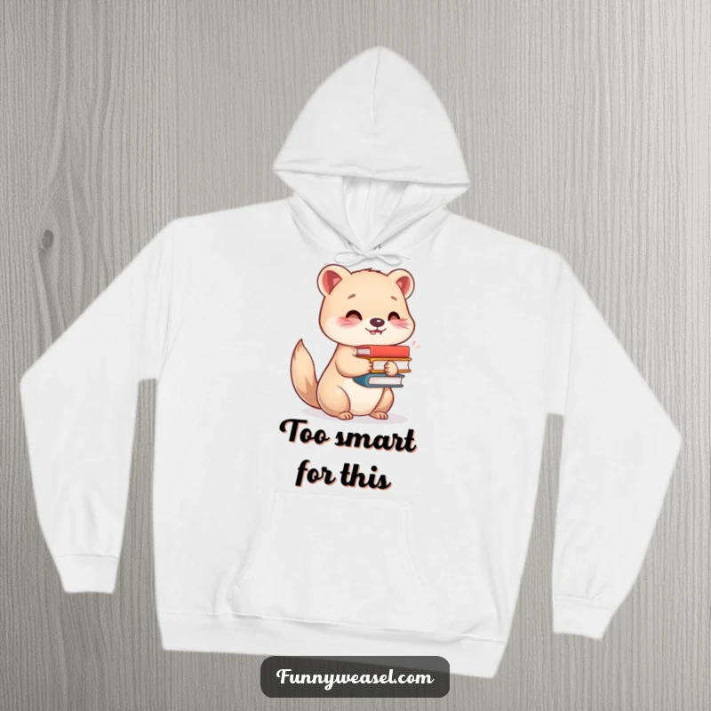 Funny hoodie with a smiling weasel holding a pile of books, a comfortable and humorous gift for readers.