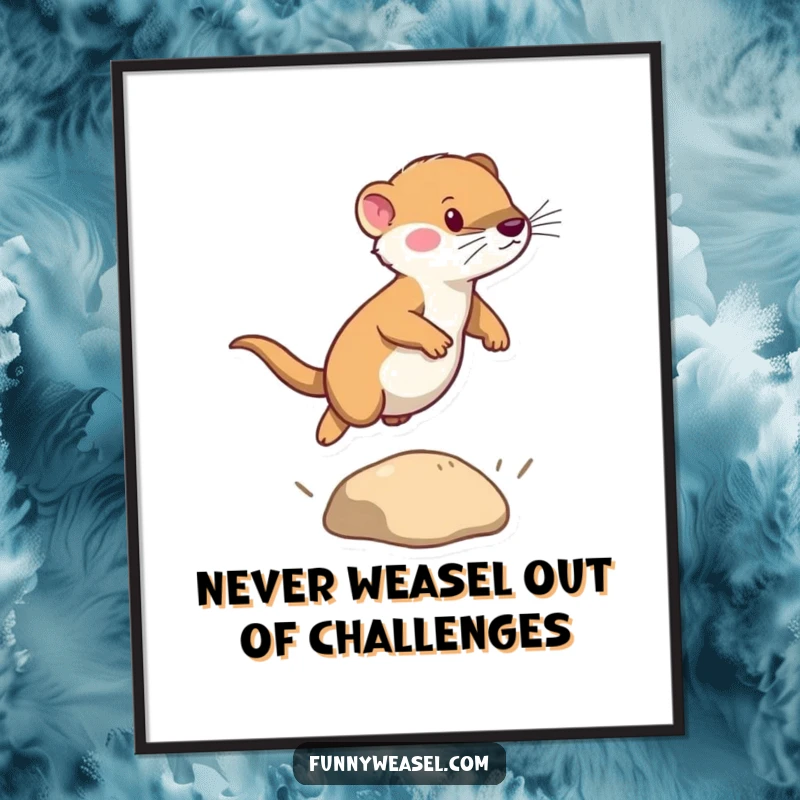 Funny Free Printable Wall Art: A tenacious weasel in mid-leap, powerfully clearing a tiny obstacle with focus and grit.