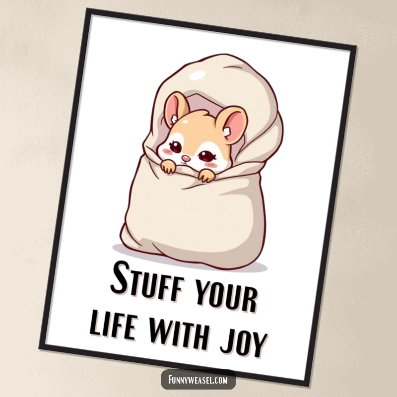 Funny free printable wall art: A cheeky weasel peeking from behind a comically large, overflowing bag, adding playful mystery to the room.