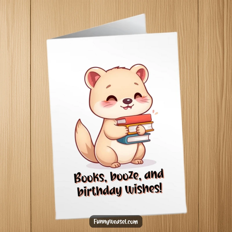 Funny free printable birthday card featuring a smiling weasel balancing a stack of books, ready for a literary celebration.