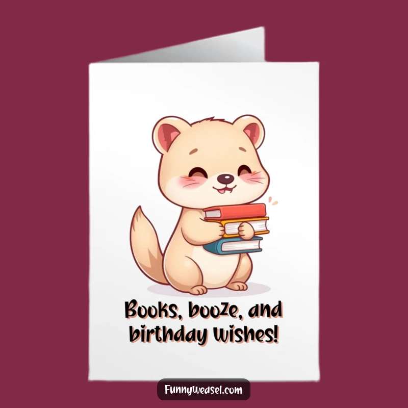Free Printable Birthday Card: Funny Weasel Bookworm, Easy Downloadable Gift