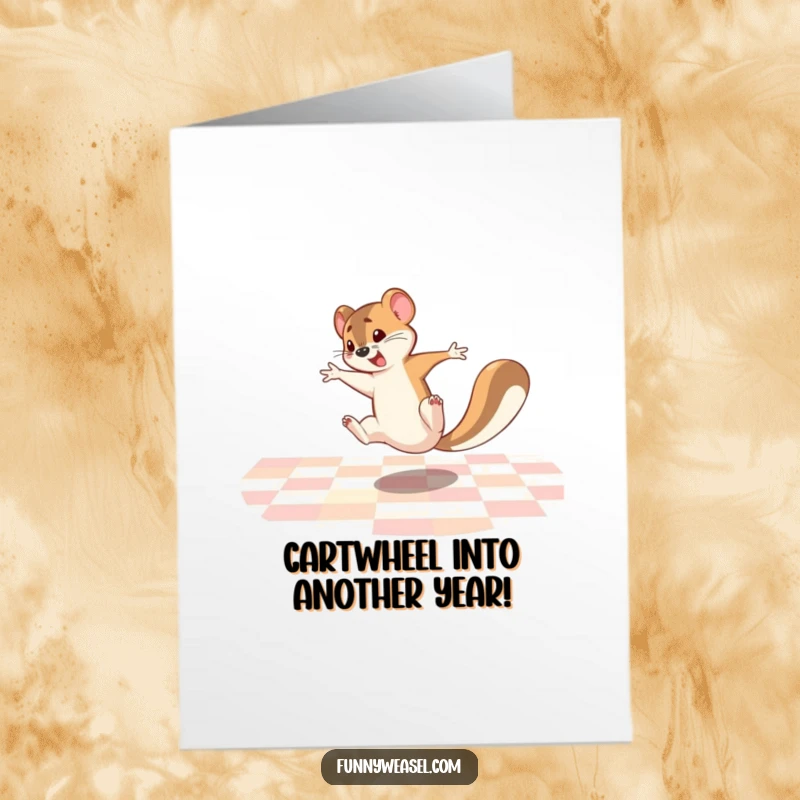 Funny free printable birthday card: A hyperactive weasel cartwheeling comically on a checkered floor, radiating chaotic birthday joy.