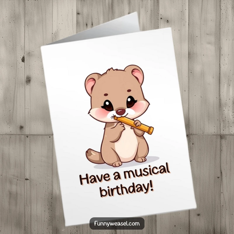 Funny free printable birthday card showing a happy weasel playing a tiny flute, creating a joyful birthday melody.