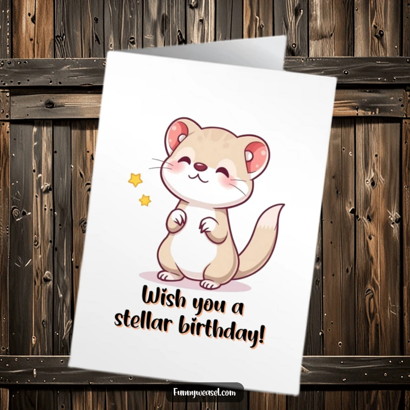 Funny free printable birthday card showing a bouncy weasel tossing a shimmering star, wishing dreams come true.