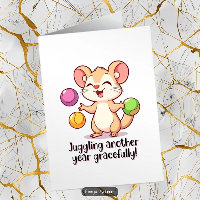 Funny free printable birthday card: A playful weasel enthusiastically juggling three colorful balls, celebrating the birthday with gusto.