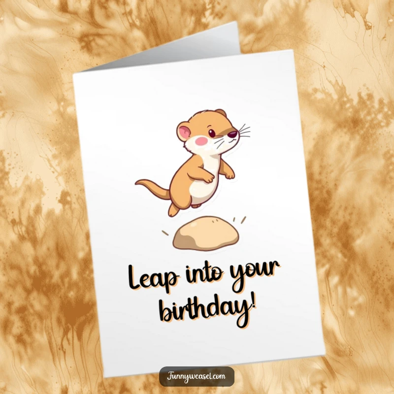 Funny Free Printable Birthday Card: A determined weasel leaps powerfully over a small obstacle with a smile.