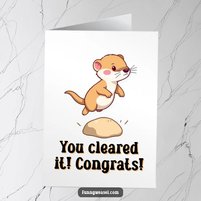 Funny Free Printable Congrats Card: A weasel with fierce determination leaps over a tiny hurdle, celebrating a big win.
