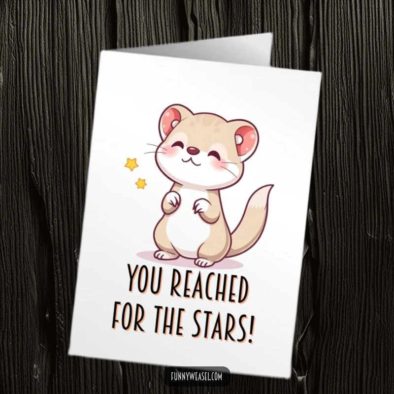 Funny free printable congratulations card with a playful weasel tossing a bright, shimmering star, celebrating success.