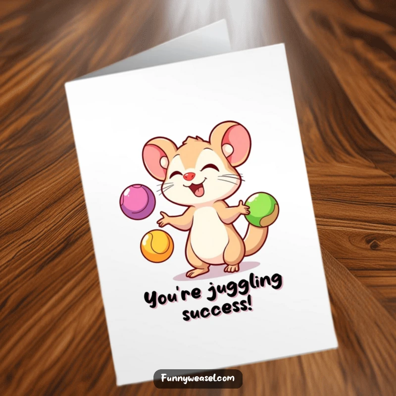 Funny free printable congratulations card: A weasel skillfully juggling colorful balls, celebrating achievements with impressive energy and joy.