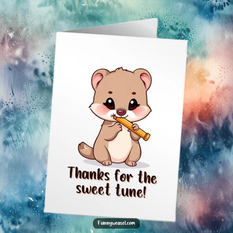 Funny free printable thank you card featuring a happy weasel playing a tiny flute, offering a musical thank you.