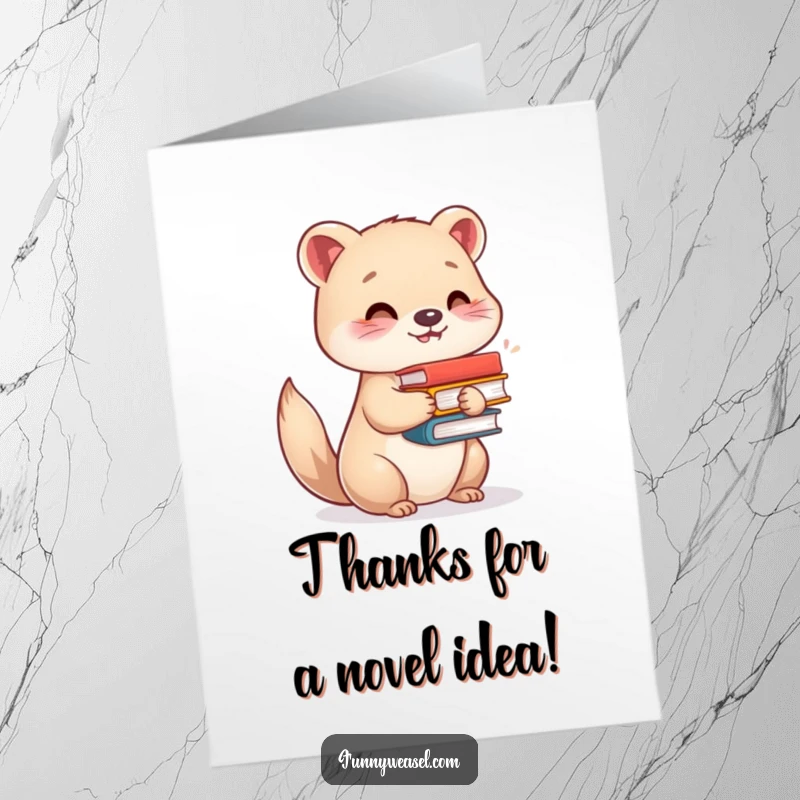 Funny free printable thank you card featuring a content weasel holding books, expressing gratitude with a big smile.