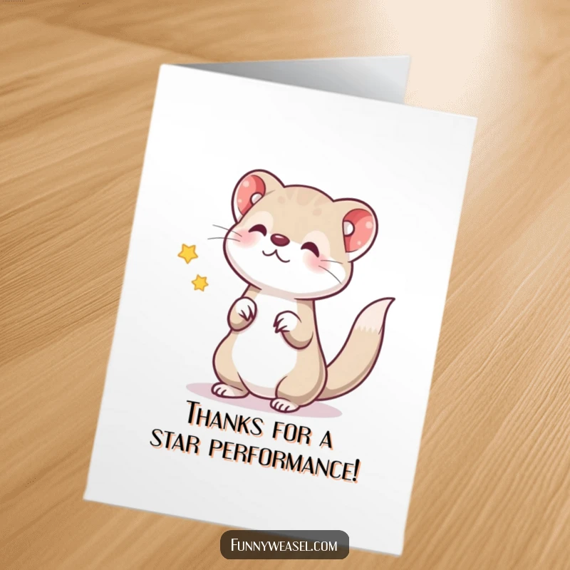 Funny free printable thank you card featuring a happy weasel tossing a glowing star, conveying heartfelt thanks.
