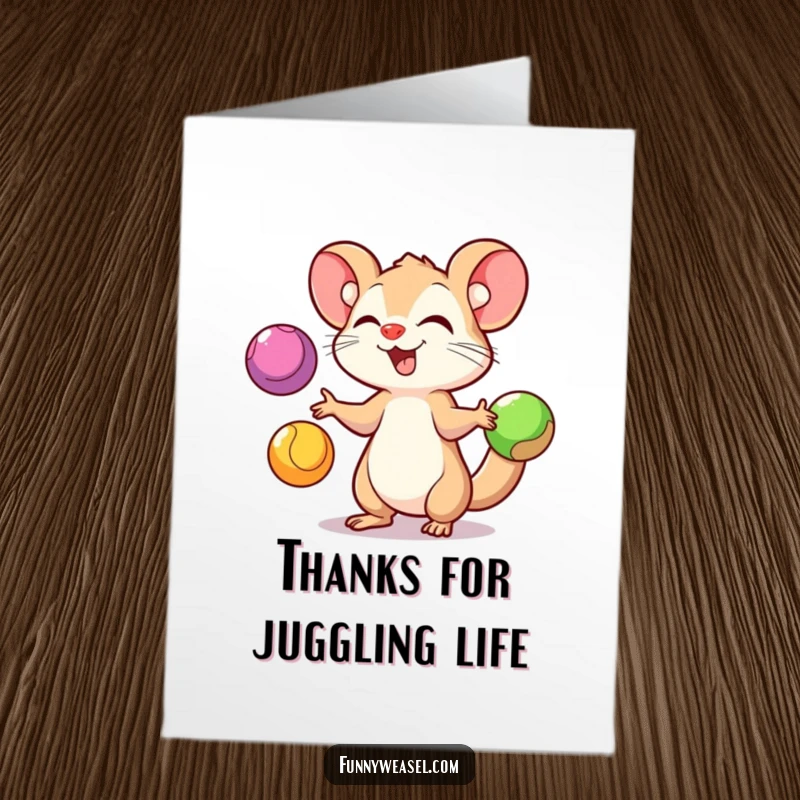 Funny free printable thank you card: A weasel joyfully juggling colorful balls, expressing thanks with energetic enthusiasm and a happy grin.