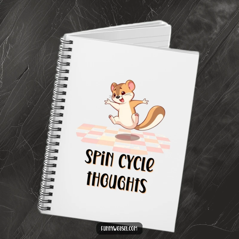 Funny Weasel Notebook with a hyperactive weasel doing a cartwheel, designed for jotting down thoughts with comedic inspiration.