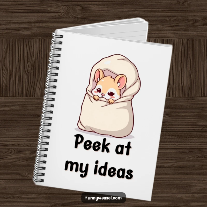Funny Weasel Notebook with a cheeky weasel peeking from a giant bag, perfect for jotting down secrets and ideas with humor.