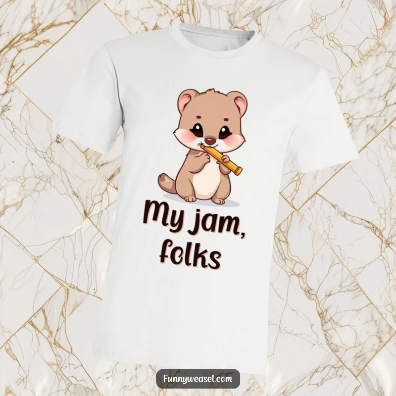 Funny t-shirt design of a cheerful weasel playing a tiny flute, exuding musical talent and humor, a perfect funny gift.