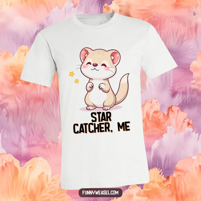Funny t-shirt illustration of a weasel in mid-bounce, tossing a glowing star, capturing playful energy as a funny gift.