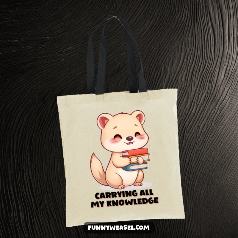 Funny tote bag artwork of a smiling weasel balancing a small stack of books, functional and humorous for book lovers.