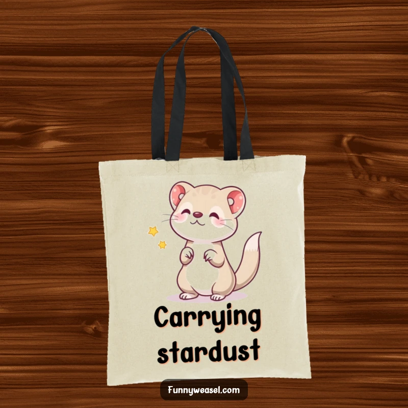 Funny tote bag graphic of a weasel energetically tossing a star, symbolizing dreams and playfulness, a great funny gift.