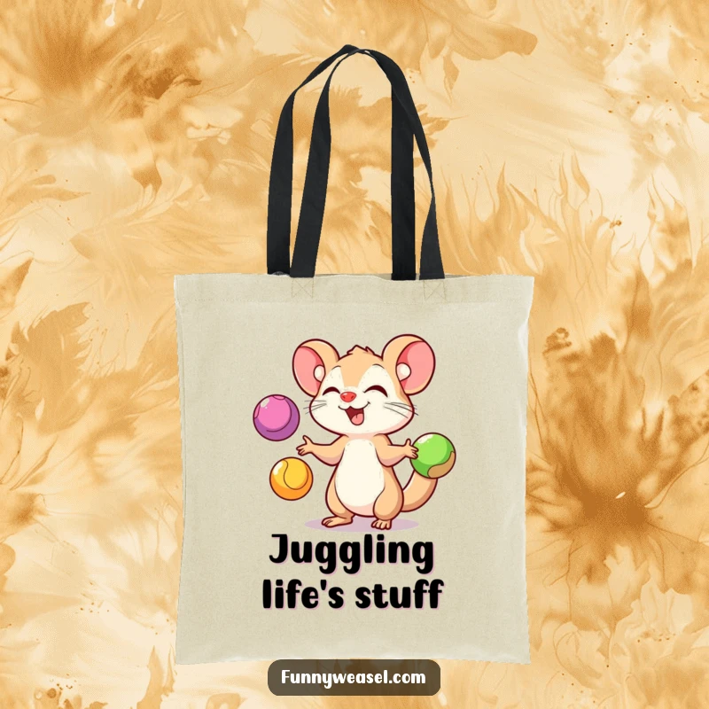 Funny Weasel Tote Bag showcasing a playful weasel juggling three brightly colored balls with impressive skill, perfect for carrying essentials with humor.